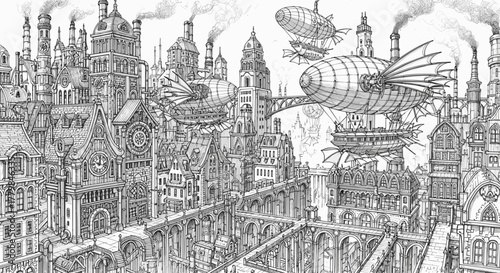 Intricate Detailed Illustration of a Steampunk Cityscape with Airships and Factories