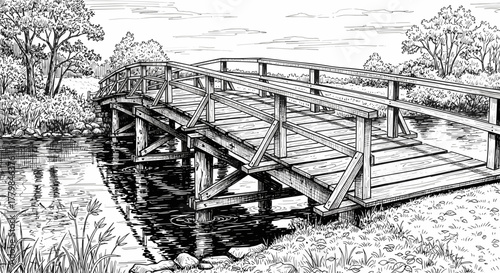 Wooden bridge crossing a calm river surrounded by trees and grass in a detailed black and white sketch