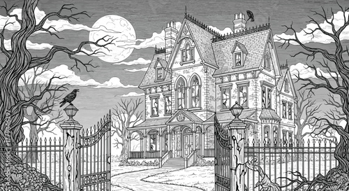Haunted Mansion Facade Under Full Moon Gloomy Night With Twisted Trees and Crow Sitting on Gate Post