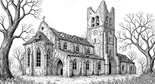Dilapidated Ruined Gothic Church Surrounded by Barren Trees in an Overgrown Landscape Illustration