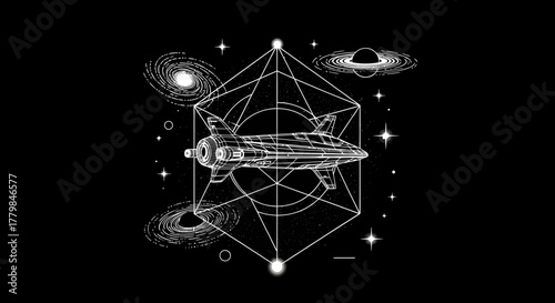 A futuristic spaceship is depicted within a complex geometric sacred geometry pattern against a backdrop of stars and galaxies.