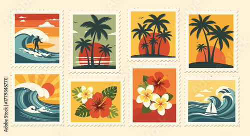Collection of eight postage stamps featuring tropical island scenes with palm trees, waves, and flowers.