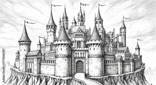 Epic Medieval Fantasy Castle on Mountain Peak Majestic Architecture Illustration