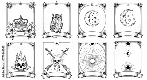 Collection of eight black and white mystical tarot card designs with occult symbols like skulls, moons, and crowns.