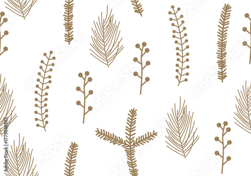 Christmas seamless pattern with winter evergreen plants