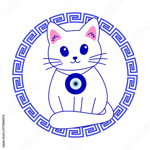 Seamless pattern with Angora white cat with Turkish evil eye. Background with greek evil eye. Symbol of protection in Turkey, Greese, Cyprus. Amulet from evil eye. Nazar. Magic item, attribute