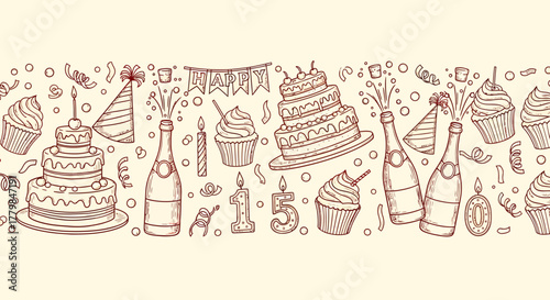 A detailed illustration featuring various birthday elements, including cakes, champagne bottles, and party hats.