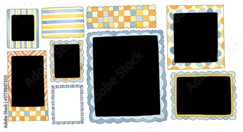 A collection of empty, patterned photo frames and decorative borders in various sizes and colors arranged in a collage.