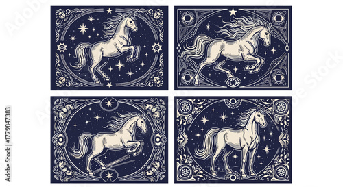 Four illustrations of white horses in ornate frames against a dark blue starry background.