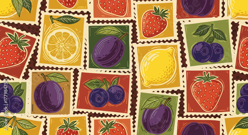 A colorful collage of vintage-style postage stamps featuring various fruits like strawberries, lemons, and plums.