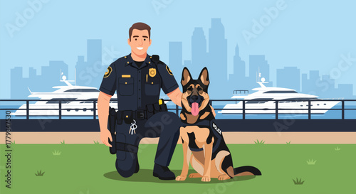 Dedicated Police Officer and Loyal German Shepherd K9 Partner Posing Together by the Waterfront with City Skyline and Yachts in the Background