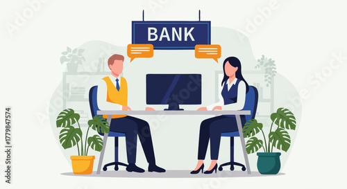 Bank Teller Assisting a Customer at the Counter with Computer and Plants