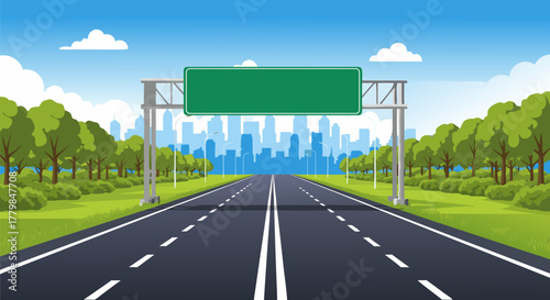 An empty highway with a large blank green sign for custom text, leading to a distant city skyline. Vector illustration representing a journey or destination concept