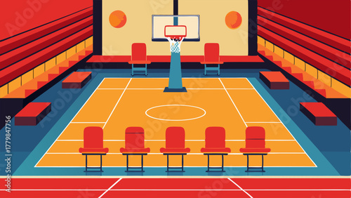 A basketball court with adjustable hoops and seating for spectators.