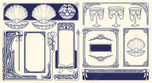 Photos A collection of vintage Art Nouveau decorative elements including frames, borders, and seashell motifs