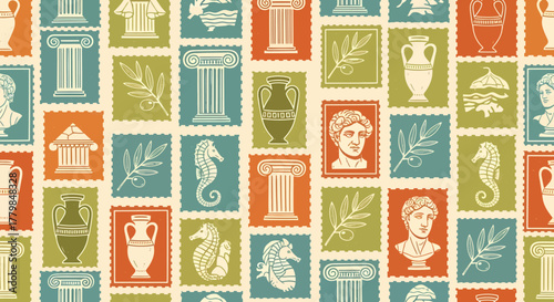 A vintage-style postage stamp pattern featuring ancient Greek and Roman motifs like columns, amphorae, busts, and seahorses.