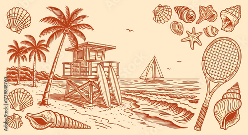 Vintage beach scene with lifeguard tower, seashells, palm trees, and sailboat.