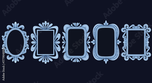 A row of five ornate, light blue picture frames against a dark blue background.