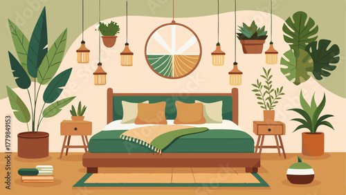 A bedroom with a bohemian vibe featuring a low bed frame surrounded by a mix of potted and hanging plants.