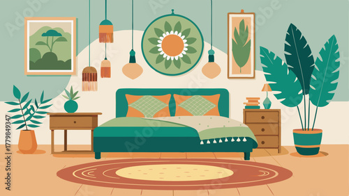 A bohemianinspired bedroom with a dreamcatcher hanging above the bed a mix of patterned rugs and a wall adorned with a collection of tropical leaf prints.