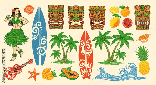 Hawaiian themed illustration with hula dancer, surfboards, tiki masks, palm trees, and tropical fruits.
