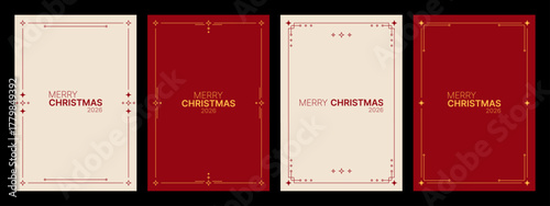 Set of Merry Christmas 2026 vector greeting card templates with decorative frame. Holiday wish graphic design for celebration.