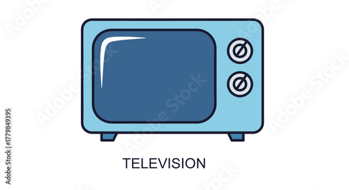 Simple blue retro television set illustration with a dark screen silhouette