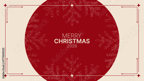 Merry Christmas 2026 vector greeting card illustration with decorative dots snowflake inside circle and ornamental border frame. Holiday celebration concept for banner.