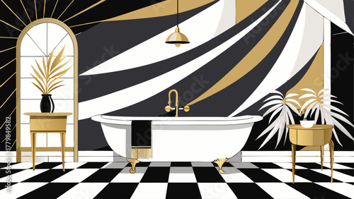 A bathroom with marble flooring black and white art deco inspired wallpaper and a clawfoot bathtub with gold fixtures.