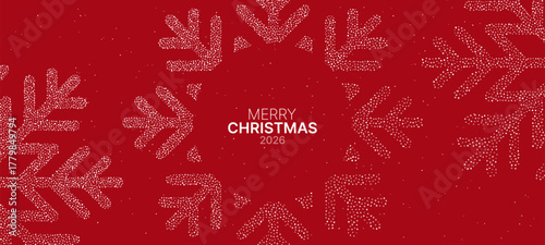 Merry Christmas 2026 message with glitter snowflake design on a red background. Festive holiday card or winter season banner.