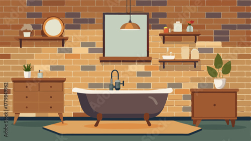 A bathroom with a modern freestanding bathtub exposed brick walls and a large wooden vanity with a concrete countertop.