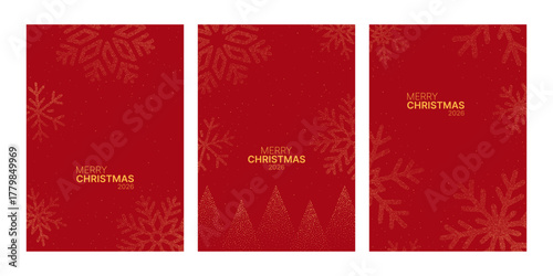 Red Christmas vector background set with golden snowflake and tree dotted design. Modern abstract holiday celebration banner layout. Concept for greeting card or winter season promotion.