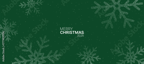 Merry Christmas 2026 festive background with sparkling snowflakes on emerald green. Holiday greeting card design.
