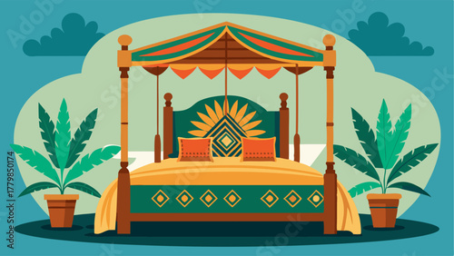 A bedroom oasis with a tropical canopy bed wicker nightstands and walls adorned with tribal print tapestries.