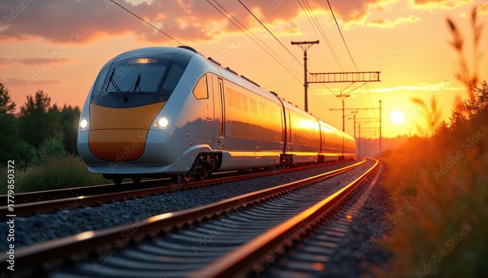 Naklejka premium High speed train on railroad tracks at sunset. Passenger express moves through rural landscape in warm evening light. Modern electric railway offers sustainable public transport for intercity