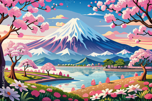 Beautiful cherry blossoms in full bloom by Lake Kawaguchi with Mount Fuji in the background, Japan scenic landscape in spring, pink sakura flowers, and peaceful nature travel destination.