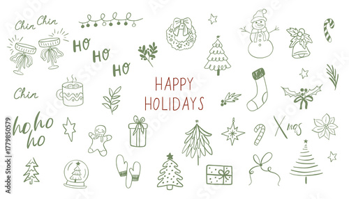 Vector Christmas collection. Card, Holidays, XMAS, Festive, Merry. Whimsical style.