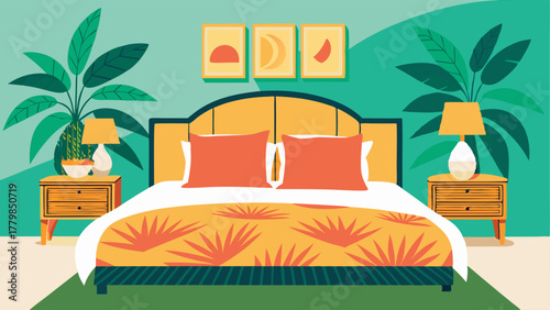 A bedroom with a rattan headboard and bright tropical print bedding.