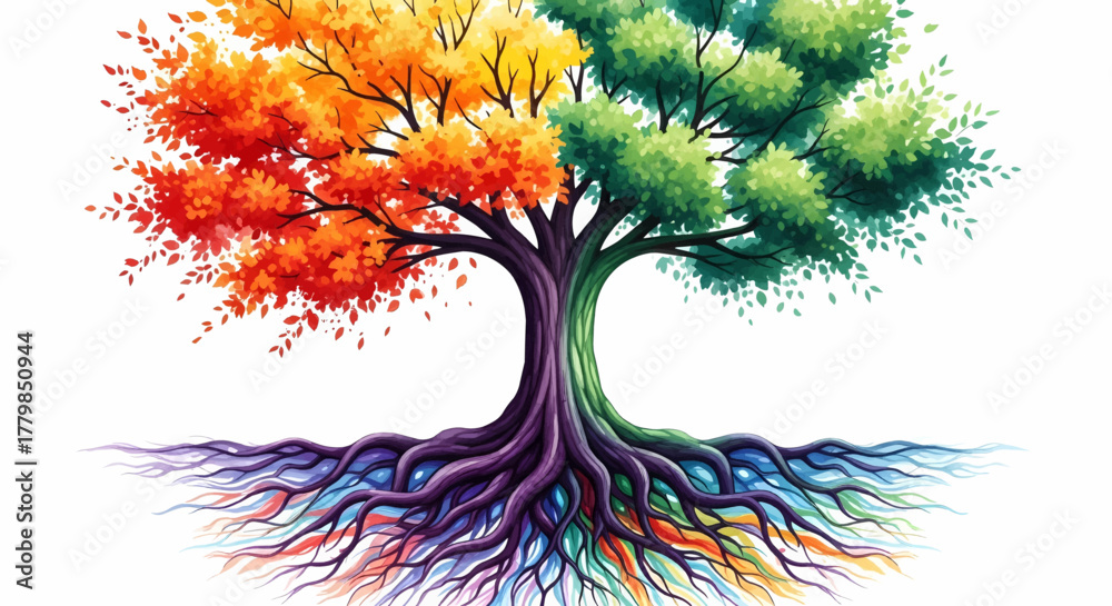 Obraz premium A vibrant tree of life representing the four seasons with colorful roots, a concept vector illustration