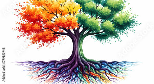A vibrant tree of life representing the four seasons with colorful roots, a concept vector illustration