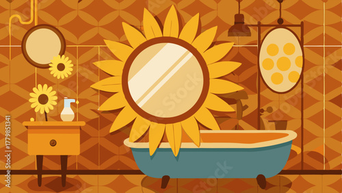 A bathroom with orange and brown patterned wallpaper a sunflowershaped mirror and a clawfoot bathtub with gold fixtures.