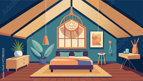 A bedroom with a vaulted ceiling exposed wooden beams and a woven macrame wall hanging.