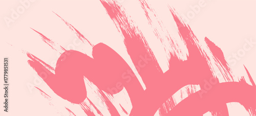 Abstract vector squiggle curve pastel coral pink brush strokes on peach background. Grunge artistic red wavy and sumi-e scribble paintbrush splash spray texture for trendy banner, poster design