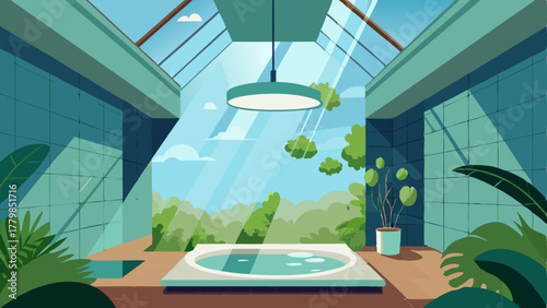 A bathroom with a large skylight flooding the space with natural light and greenery hanging from the ceiling.