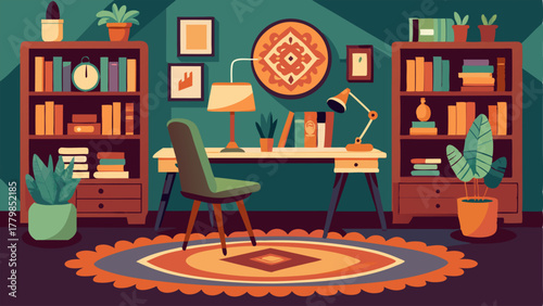 A bohemianstyle home office with a vintage desk a plush velvet chair and shelves filled with books and inspirational artwork. The walls are painted in a deep rich color and a