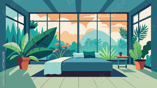 A bedroom with a large floortoceiling window allowing natural light to flood in and highlight the numerous plants tered throughout the room.