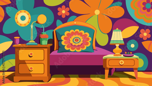 A bedroom with a psychedelic floral wallpaper a lava lamp on the bedside table and a vintage rotary phone on the dresser.