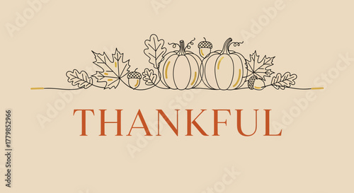 Minimalist Thankful Typography with Autumn Harvest Line Art