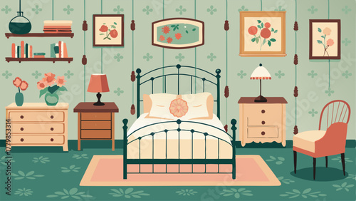 A bedroom with a vintage iron bed frame floral wallpaper and a variety of vintage nightstands and dressers in different styles.