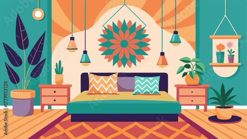 A bedroom with vibrant patterned wallpaper adorned with a variety of hanging macrame planters.